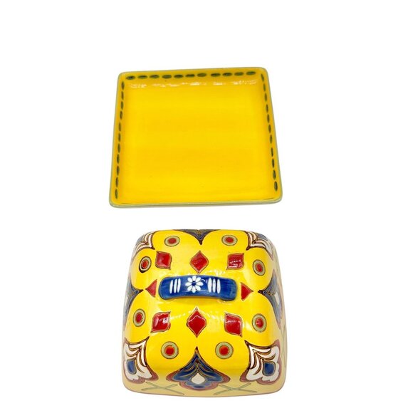 Dutch Wax Handpainted Ceramic Covered Butter Dish Square Yellow Colorful Vibrant - Picture 2 of 11
